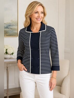 Talbots Navy Blue & White Button Up Sweater